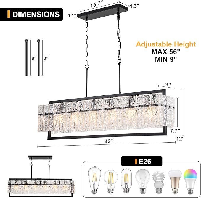 Modern Chandeliers for Dining Room, 6-Light Large Black Rectangle Kitchen Island Lighting with Water Ripple Glass, 42” Crystal Linear Chandelier Light Fixture Over Table for Living Room