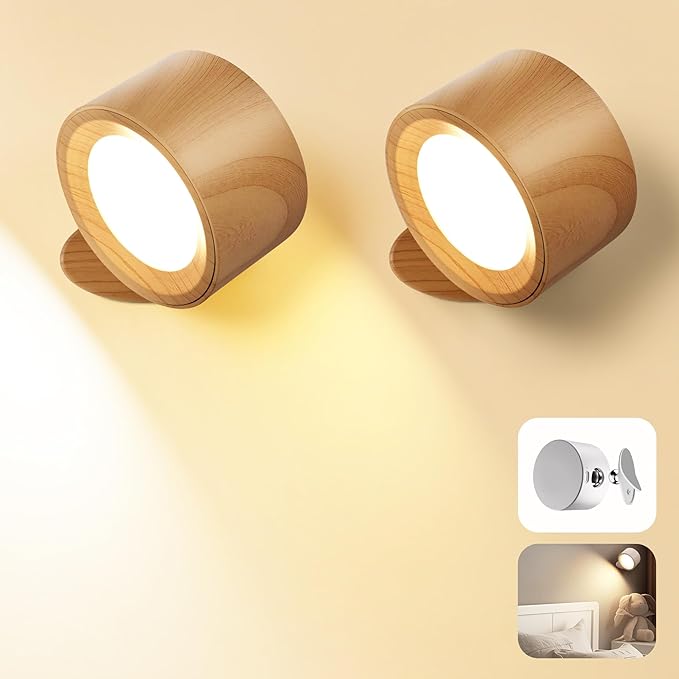 Wall Mounted Lamp LED Wall Lights with Rechargeable Battery Operated, 3 Color Temperatures & 3 Brightness Levels 360°Rotate Magnetic Ball, Cordless Sconces for Reading Bedroom Bedside,Wood-2 Pack