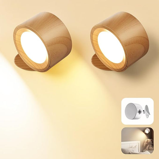 Wall Mounted Lamp LED Wall Lights with Rechargeable Battery Operated, 3 Color Temperatures & 3 Brightness Levels 360°Rotate Magnetic Ball, Cordless Sconces for Reading Bedroom Bedside,Wood-2 Pack