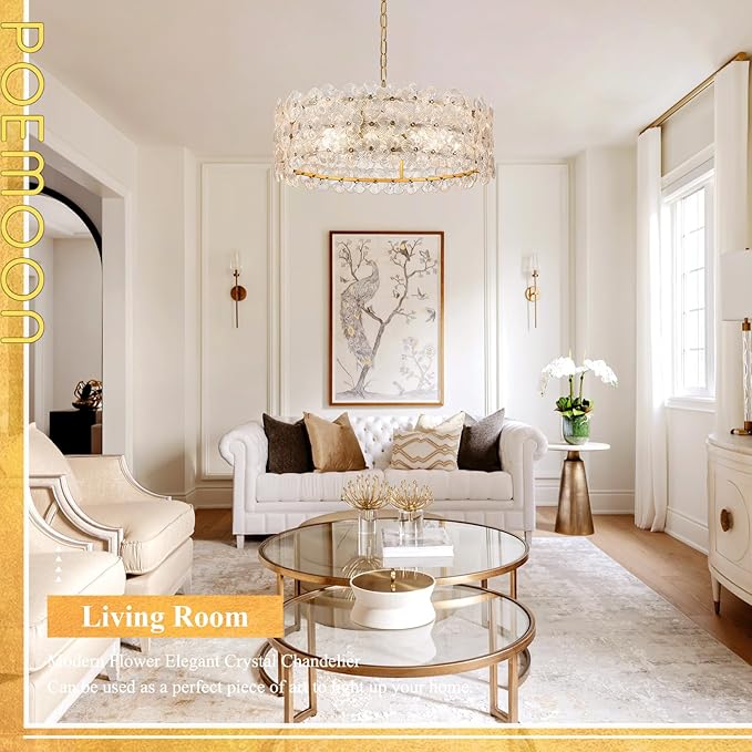 24" Clear Flower Glass Chandeliers 8-Lights Modern Gold Chandelier Light Fixture Luxury Pendant Lighting for Foyer Entryway Living Dining Room Kitchen, E12
