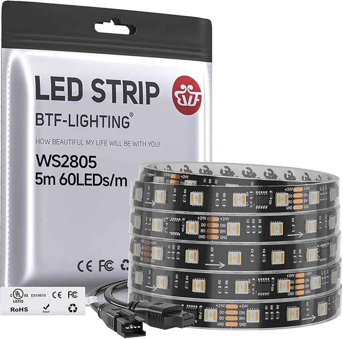 BTF-LIGHTING WS2805 IC RGBCCT Addressable Dual Data LED Strip 5050SMD 16.4FT 60LED/m 10Pixel/m,UL Listed,5 Colors in 1 Chasing Color RGB+CCT 3000K-6500K IP67 DC24V(No Adapter or Controller)