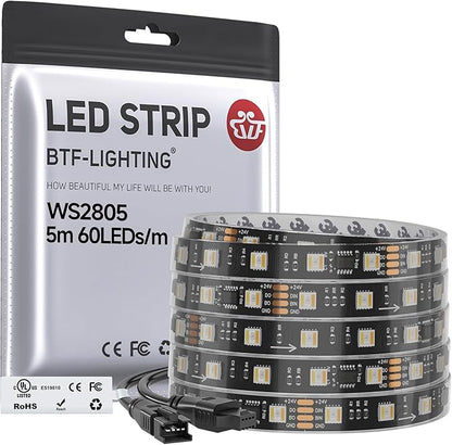 BTF-LIGHTING WS2805 IC RGBCCT Addressable Dual Data LED Strip 5050SMD 16.4FT 60LED/m 10Pixel/m,UL Listed,5 Colors in 1 Chasing Color RGB+CCT 3000K-6500K IP67 DC24V(No Adapter or Controller)
