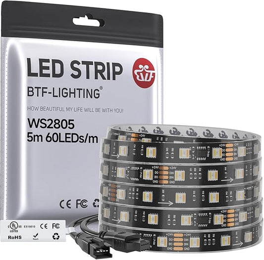 BTF-LIGHTING WS2805 IC RGBCCT Addressable Dual Data LED Strip 5050SMD 16.4FT 60LED/m 10Pixel/m,UL Listed,5 Colors in 1 Chasing Color RGB+CCT 3000K-6500K IP67 DC24V(No Adapter or Controller)
