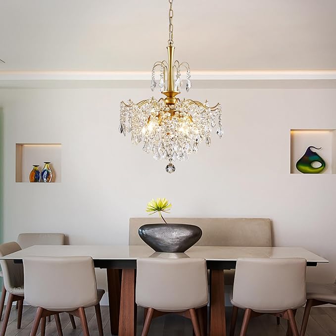 Crystal Chandeliers for Dining Room, Modern Gold Chandelier Light Fixture, Crystal Kitchen Ceiling Hanging Pendant Light 6 Lights for Living Room Hallway Bathroom Bedroom Foyer