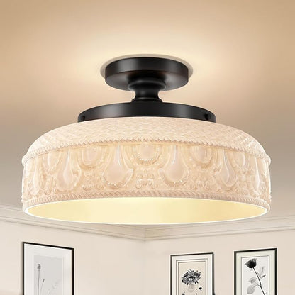 Lamomo Semi Flush Mount Ceiling Light,12 Inch White Glass Shade Black Hallway Light Fixture,3 Light Globe Glass Close to Ceiling Scone,Indoor Hanging Light for Bedroom Kitchen Porch Hallway