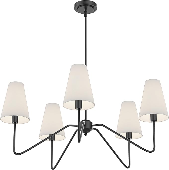 Electro bp;30" Dia 5-Arm Classic Chandeliers Matt Black with White Linen Shades,Light Fixture for Dining Room,Living Room,Bedroom,E12,200W;