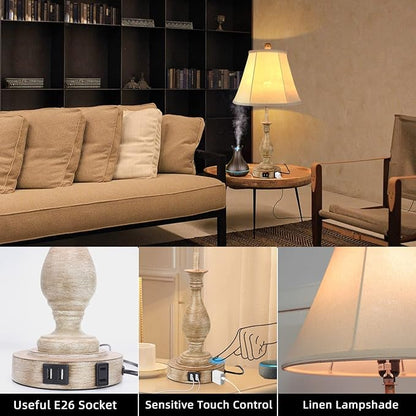 LALISU Farmhouse Table Lamp Touch Control 3-Way Dimmable Table Lamp, Modern Nightstand Lamp with 2 USB Port Bedside Desk Lamp with Fabric Shade for Living Room Bedroom Hotel (Pack 1-Beige Shade)