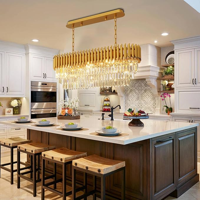 10-Light Modern Gold Crystal Chandelier, Luxury Rectangular Crystal Chandeliers for Dining Room, Kitchen Island, Living Room, Farmhouse Chandelier Lighting