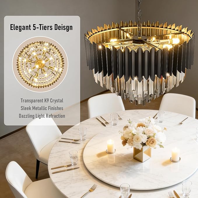 Black Crystal Chandelier 24'' K9 Smoke Gray Crystal Round Pendant Lights Adjustable 5-Tier Modern Chandelier Light 10-Lights for Dining Room Living Room Kitchen Foyer Entryway