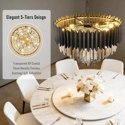 Black Crystal Chandelier 24'' K9 Smoke Gray Crystal Round Pendant Lights Adjustable 5-Tier Modern Chandelier Light 10-Lights for Dining Room Living Room Kitchen Foyer Entryway