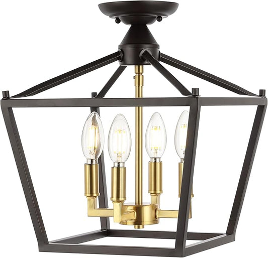 JONATHAN Y 12" Oil Rubbed Bronze/Brass Gold Modern Farmhouse Pagoda 4-Light LED Semi Flush Mount Lantern, Metal Ceiling Light Fixture for Kitchen, Hallway, Entryway, Bedroom, Hardwired (JYL7610G)