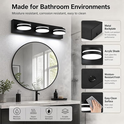 3-Light Bathroom Vanity Light Over Mirror, (24inch Dimmable) Matte Black LED Vanity Lighting Fixtures, Modern Bathroom Wall Light Fixtures with 360°Rotating Lamp Head (Cool White 5500K)