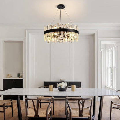 12-Light Modern Crystal Chandelier for Dining Room, Black Round Flush Mount Ceiling Light, Luxury 2-Tiers K9 Crystal Raindrop Chandelier for Living Room Entryway Foyer Bathroom D23.6''