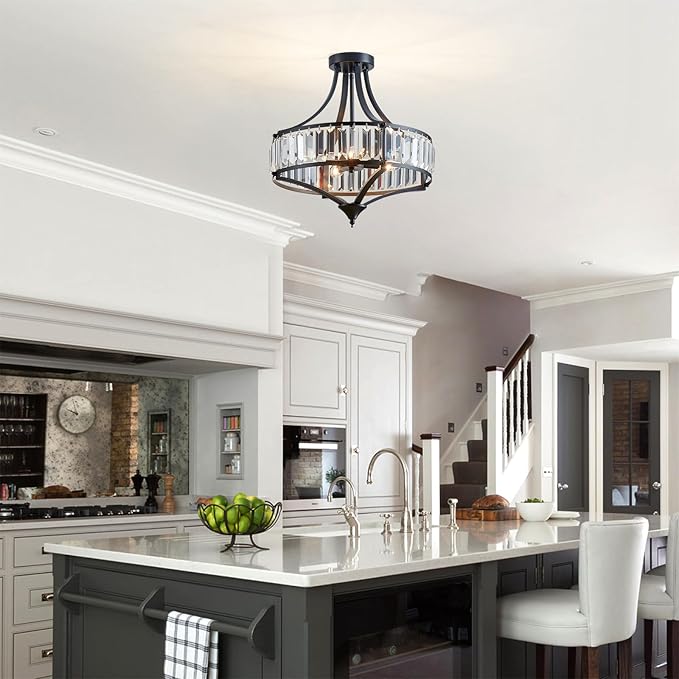 Black Crystal Chandelier Semi Flush Mount Ceiling Light Fixture Round Rustic Farmhouse 4-Light Mid Century Modern Chandelier for Hallway, Bedroom, Foyer, Entryway, Closet