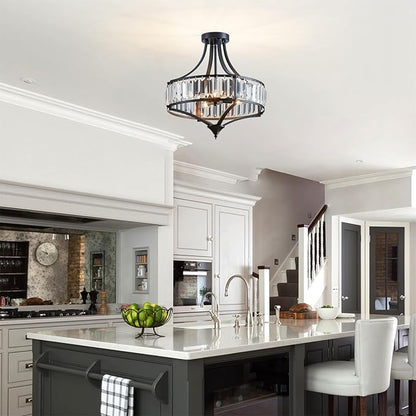 Black Crystal Chandelier Semi Flush Mount Ceiling Light Fixture Round Rustic Farmhouse 4-Light Mid Century Modern Chandelier for Hallway, Bedroom, Foyer, Entryway, Closet