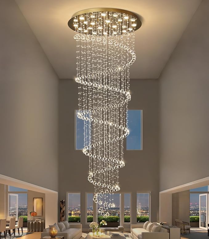 HAIXIANG W47 x H118 High Ceiling Chandelier with LED Bulbs Dimmable Long Light Glam Chandeliers Crystal Pendants Light Fixtures for Foyer Entryway Living Room Stair Gold