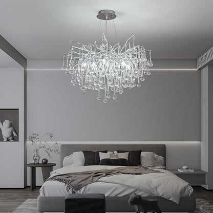 Modern Crystal Raindrop Chandelier, Silver Round Art Deco Tree Branch Lighting Fixture for Dining Room Living Room Foyer 13 Lights D31.5''