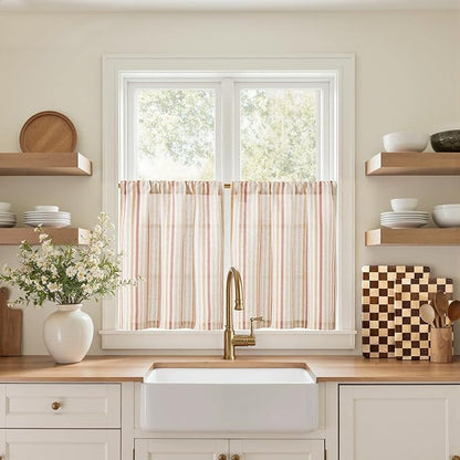 jinchan Colorful Striped Linen Kitchen Curtains 24 Inch Tier Curtains Farmhouse Modern Cafe Small Window Treatments Light Filtering Rod Pocket for Living Room Bathroom 2 Panels Multi Red
