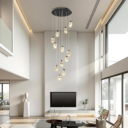 Crystal LED High Ceiling Chandelier: Long Remote Dimmable 12 Pendant Light Fixtures - Spiral Drop Flush Mount Sloped Ceilings Modern Chandeliers For Entryway Living Room Foyer Staircase Entrance