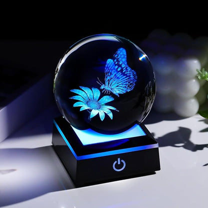 Arikyrist 3D Crystal Ball Butterfly Flower Figurine with LED Base, Laser Butterfly Gifts for Women Men, Glass Butterfly Statue Ball Night Light for Christmas Birthday Home Decor (80mm)