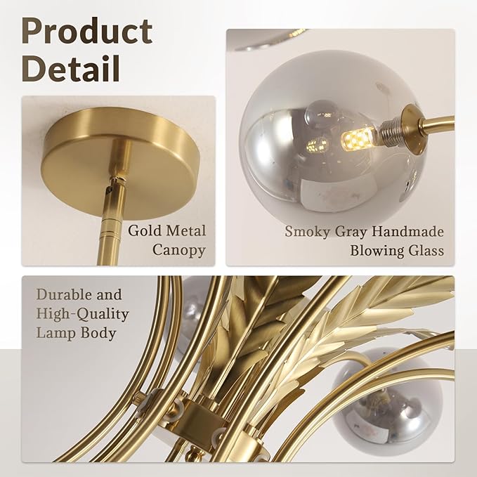 BOKT Gold Sputnik Mid Century Chandelier Modern Slop Ceiling Light Fixture Adjustable Height Kitchen Lights Hanging Smoked Gray Glass Globe Lampshade for Living Room Bedroom Bulb Included