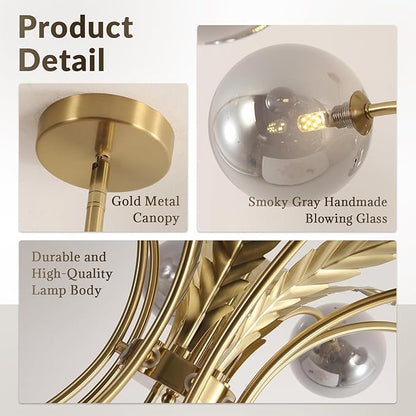 BOKT Gold Sputnik Mid Century Chandelier Modern Slop Ceiling Light Fixture Adjustable Height Kitchen Lights Hanging Smoked Gray Glass Globe Lampshade for Living Room Bedroom Bulb Included