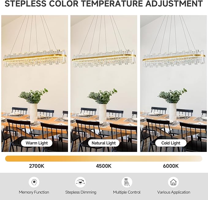 Gold Led Modern Crystal Chandelier: 52" Rectangle Linear 3 Color Dimmable Large Chandelier for Dining Room Over Table - Luxury Rectangular Contemporary Oval Light Fixture for Living Room Bedroom Foyer
