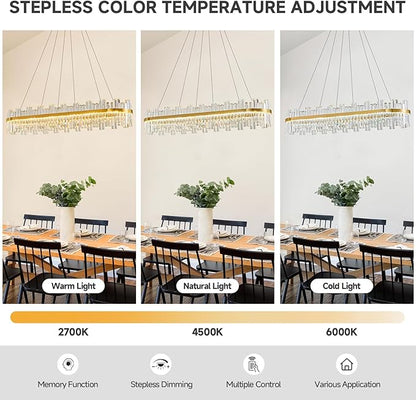 Gold Led Modern Crystal Chandelier: 52" Rectangle Linear 3 Color Dimmable Large Chandelier for Dining Room Over Table - Luxury Rectangular Contemporary Oval Light Fixture for Living Room Bedroom Foyer