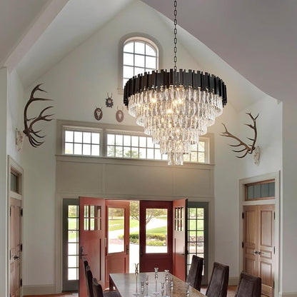 Large Crystal Chandeliers, Modern 32" Black Pendant Light, 6-Tier Round Crystal Ceiling Chandelier for High Ceiling, Foyer, Living Room, Staircase, Dining Room