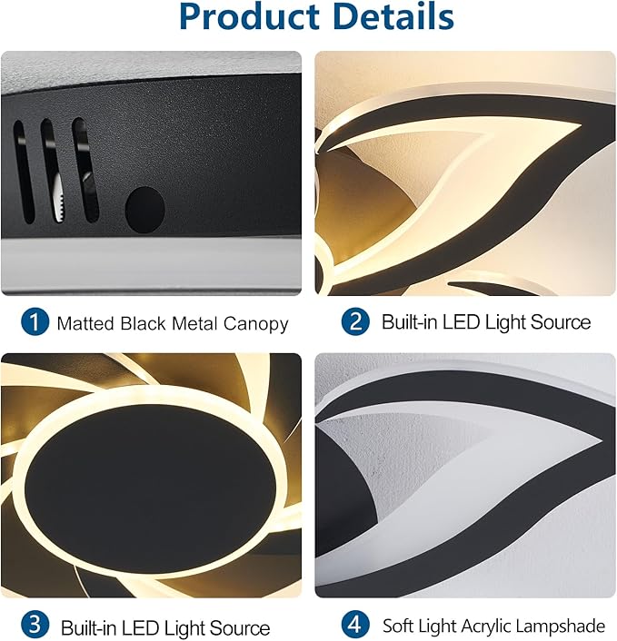 24" Modern Geometric Ceiling Light Fixture, Black Dimmable 3 Colors LED Close to Ceiling Light Fixtures with Remote, Low Profile Flush Mount Ceiling Light for Kitchen, Living Room
