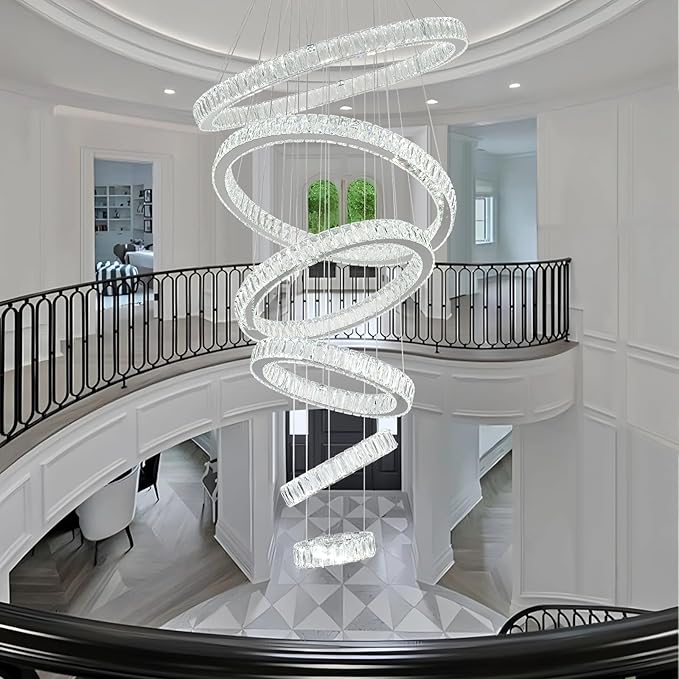 Finktonglan 6-Ring Crystal LED Chandelier, Dimmable Pendant with Remote, Adjustable Height 118", K9 Stainless Rings (Ø7.9–27.6"), 3000–6500K, Memory/Timer for Stairwell Foyer Living Room