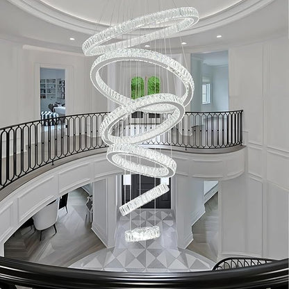 Finktonglan 6-Ring Crystal LED Chandelier, Dimmable Pendant with Remote, Adjustable Height 118", K9 Stainless Rings (Ø7.9–27.6"), 3000–6500K, Memory/Timer for Stairwell Foyer Living Room