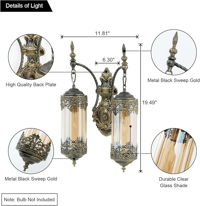 Rustic Wall Sconce with Amber Glass Vintage Antique Gothic Wall Light Fixture Retro Mid Centry Lantern Wall Sconce for Bedroom, Living Room, Mirror, Brush Gold