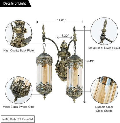 Rustic Wall Sconce with Amber Glass Vintage Antique Gothic Wall Light Fixture Retro Mid Centry Lantern Wall Sconce for Bedroom, Living Room, Mirror, Brush Gold