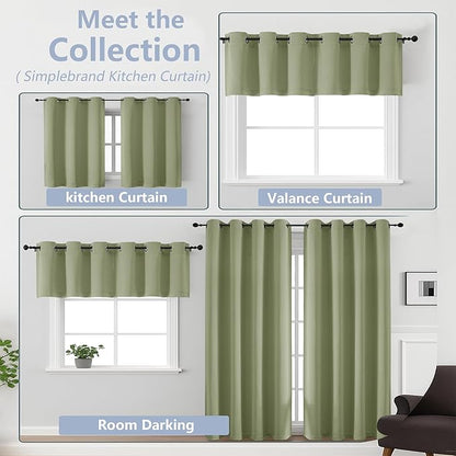 Simplebrand Sage Green Window Valance for Kitchen 14 Inches Long 2 Panels Set, Room Darkening Valance Curtains for Living Room, Grommet Short Privacy Kitchen Curtains for Bedroom Kids Room, 40Wx14L