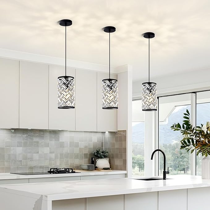 Black Crystal Pendant Lights Kitchen Island, Modern Mini Chandelier, Adjustable Hanging Ceiling Light Fixture for Kitchen Dining Room Bedroom Foyer Bar (1 Pack)