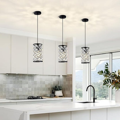 Black Crystal Pendant Lights Kitchen Island, Modern Mini Chandelier, Adjustable Hanging Ceiling Light Fixture for Kitchen Dining Room Bedroom Foyer Bar (1 Pack)
