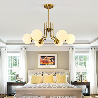 hesoge 6 Light Modern Sputnik Chandelier with Milk White Glass Globe Mid Century Gold Pendant Light Semi Flush Mount Ceiling Light Fixture for Dining Room Living Room Kitchen Entryway.