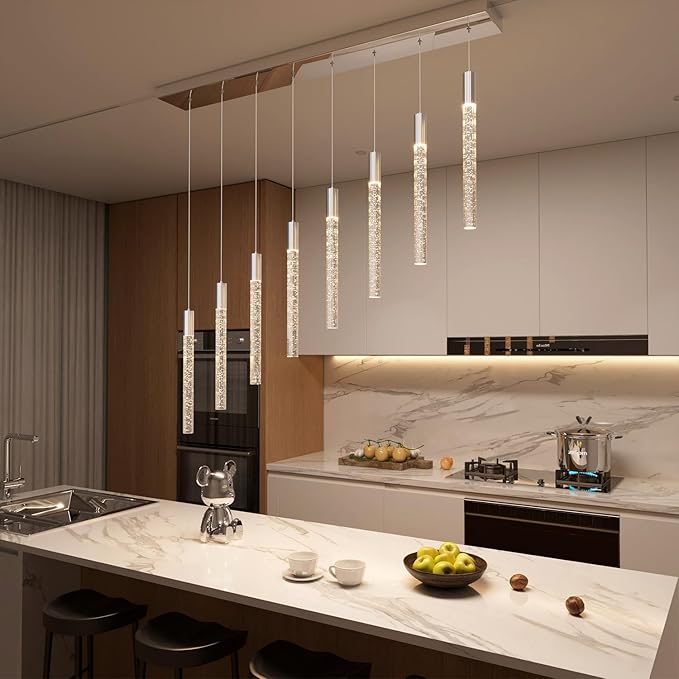 8-Light Silver Rectangular LED Chandelier, Bubble Crystal Column Chandeliers, Modern Dimmable Adjustable Height Hanging Light for Kitchen Island, Over Dining Room Table