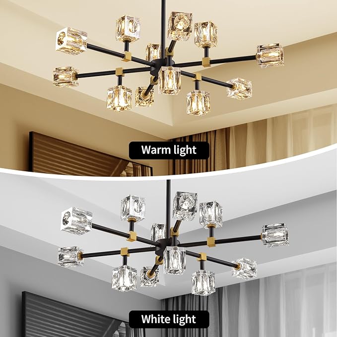 Modern Crystal Chandelier with 12 Lights, Black and Gold Sputnik Chandeliers for Dining Room Modern Sputnik Chandelier Pendant Light fixtures for Living Room,Entryway,Kitchen Island, Bedroom