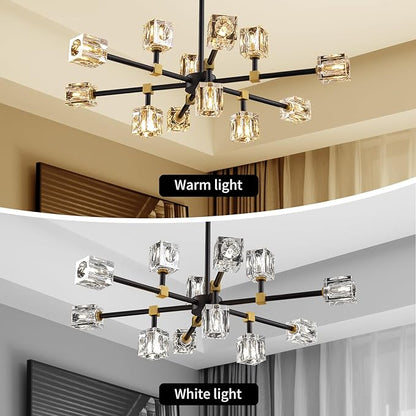 Modern Crystal Chandelier with 12 Lights, Black and Gold Sputnik Chandeliers for Dining Room Modern Sputnik Chandelier Pendant Light fixtures for Living Room,Entryway,Kitchen Island, Bedroom