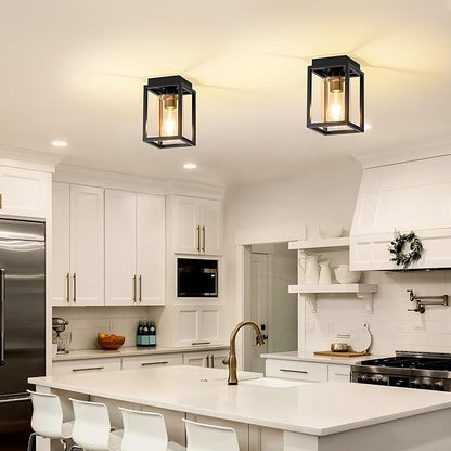 Mayful Flush Mount Ceiling Light Fixture with Clear Glass Shade, Farmhouse Black Metal Frame Light Fixture for Kitchen Island Entryway Porch Foyer Dining Room, E26 Ceramic Base,2 Pack