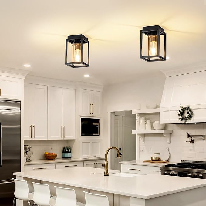 Mayful Flush Mount Ceiling Light Fixture with Clear Glass Shade, Farmhouse Black Metal Frame Light Fixture for Kitchen Island Entryway Porch Foyer Dining Room, E26 Ceramic Base
