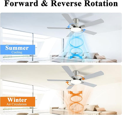 SNJ 52 Inch Brushed Nickel Ceiling Fans with Lights and Remote,Flush Mount Low Profile 5 Blades Ceiling Fan,Dimmable Quiet Reversible DC Motor for,Living Room,Bedroom and Patio