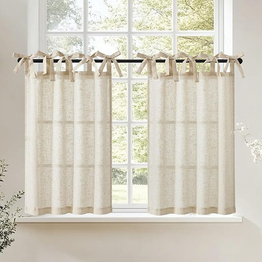 jinchan Tie Top Linen Kitchen Curtains Over Sink 24 Inch Length Tier Curtains Farmhouse Rustic Small Cafe Curtain for Bedroom Living Room Bathroom Half Window Light Filtering Privacy 2 Panels Crude