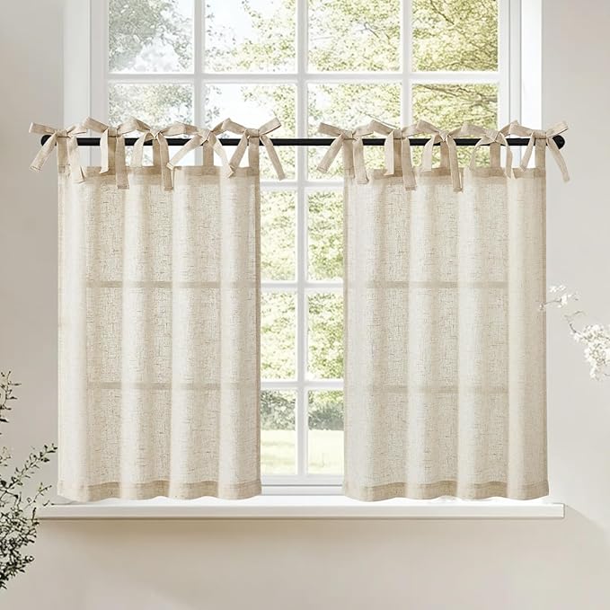 jinchan Tie Top Linen Kitchen Curtains Over Sink 36 Inch Length Tier Curtains Farmhouse Rustic Small Cafe Curtain for Bedroom Living Room Bathroom Half Window Light Filtering Privacy 2 Panels Crude