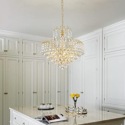 WUZUPS Crystal Chandelier Pendant Flushmount Ceiling Light Modern Lighting Fixture for Bedroom Hallway Bar Kitchen Bathroom, H 17.3" x W 18.9", Gold, E12 Base