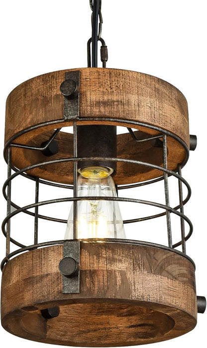 Retro Industrial Metal and Wood Chandelier 1-Light Round Cage Pendant Light Fixture for Kitchen Island Foyer Hallway Bar Dining Room Restaurant, D 7.9" x H 8.7" (Brown)