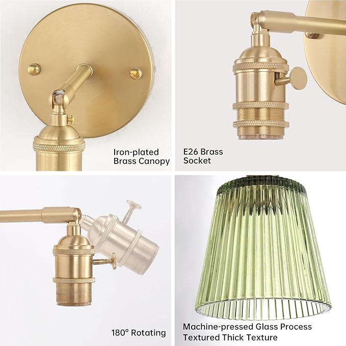 Shenmoyl Vintage Battery Operated Wall Sconce with Green Stripe Glass Lampshade Rechargeable Battery Powered Wall Light with Remote Control for Bedside Bedroom Doorway