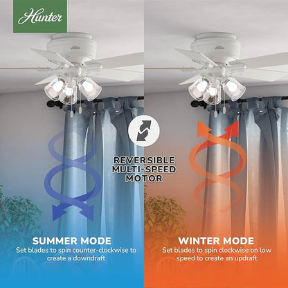 Hunter 42 inch Indoor Ceiling Fan with LED Lights and Pull Chain - Low Profile Flush Mount White Ceiling Fan, 5 Blades, For Bedroom, Living Room, or Kitchen, Quiet - Crestfield 52152, Fresh White
